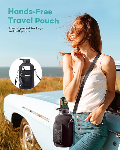 Half Gallon Water Bottle with Handle and Carry Pouch,64 oz Stainless Steel Insulated Jug Flask with