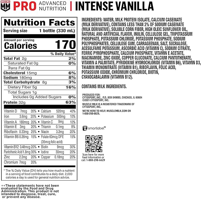 Muscle Milk Pro Advanced Nutrition Protein Shake, Intense Vanilla, 11.16 Fl Oz (Pack of 12), 32g