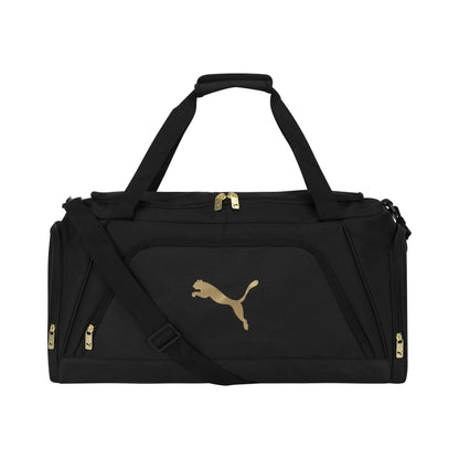 PUMA Accelerator Duffel Bag with Removable Strap & Shoe Pocket, Black/Gold, One Size