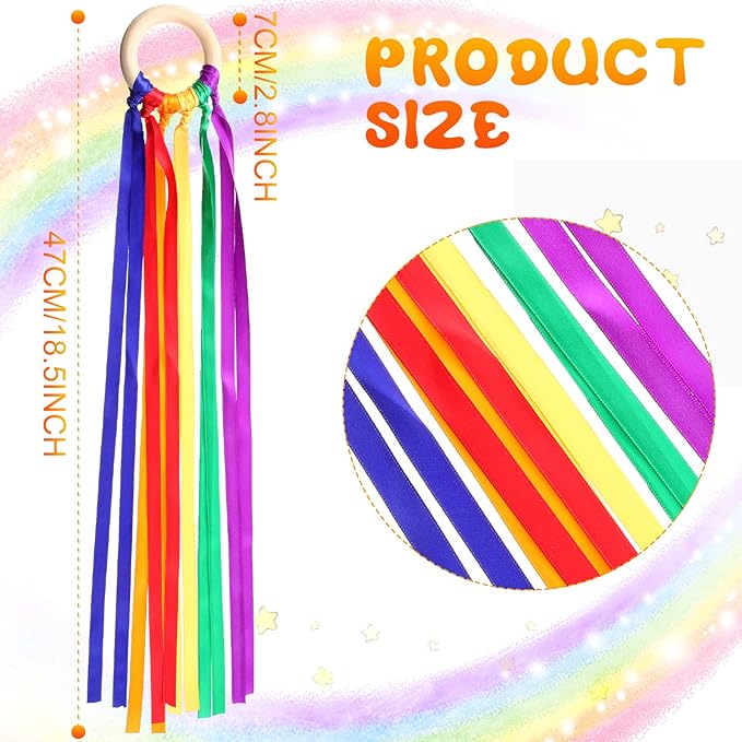Junkin Ribbon Rings Hand Kite Waldorf Toys Dancing Wrist Ribbons Rainbow Streamers with Wood Ring