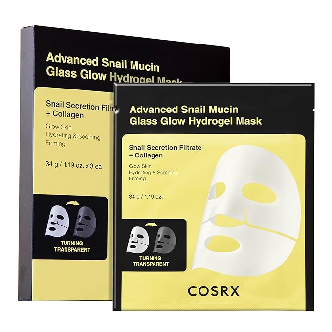 COSRX Advanced Snail Mucin Glass Glow Hydrogel Face Masks Skincare 3 EA, Collagen Face Mask, Travel