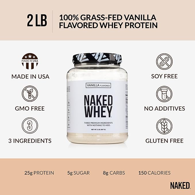 NAKED Whey Vanilla Protein Powder - Only 3 Ingredients - Grass Fed Whey Protein Powder, Vanilla