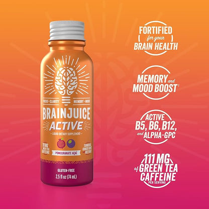 BrainJuice Active Focus & Energy Drink Shots, Supports Endurance, Recovery & Clarity, Non-GMO