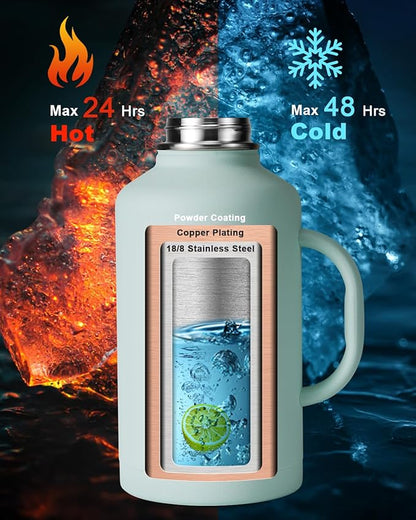 Half Gallon Water Bottle with Handle and Carry Pouch,64 oz Stainless Steel Insulated Jug Flask with