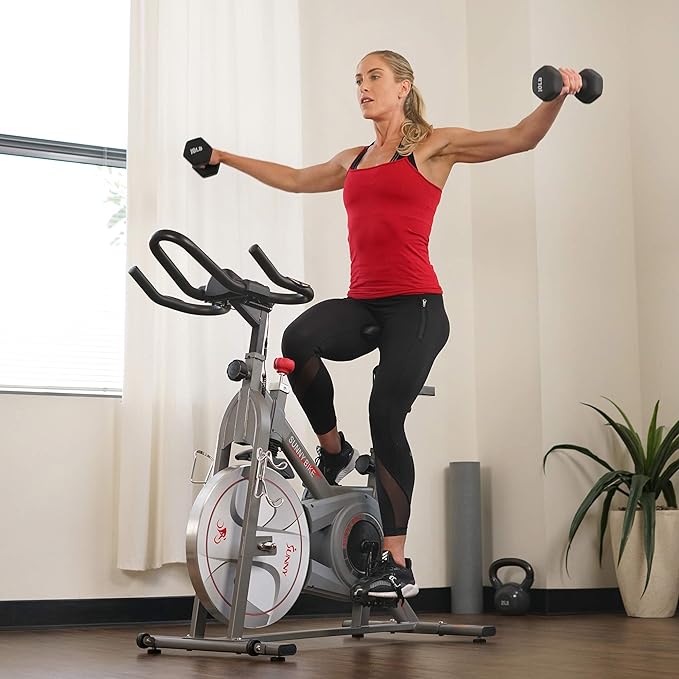 Sunny Health & Fitness Indoor Cycling Exercise Bike w/Pulse Sensors & 4-Way Adjustable Seat
