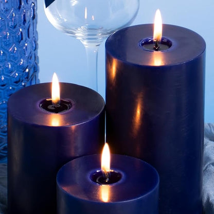 KONNI Navy Blue Pillar Candles Set of 3, 3"x 3" Unscented Pillar Candles Bulk, 30 Hours Long