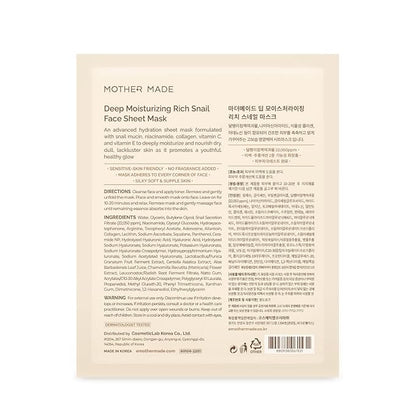 MOTHER MADE Glowing Glass Skin Hydrating Snail Deep Collagen Face Masks 10 EA, with Niacinamide 2%