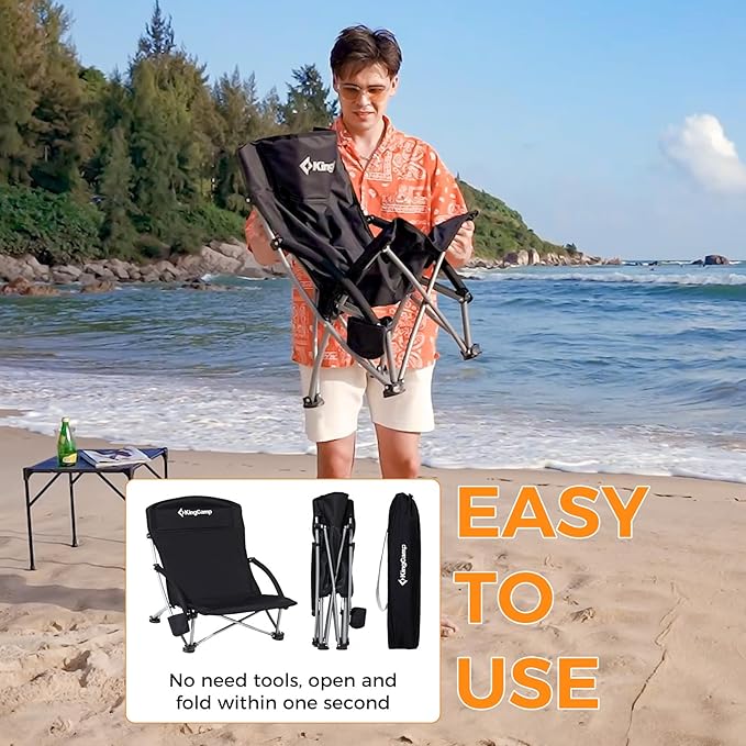 KingCamp Low Beach Chairs, Portable Folding Chair for Adults Extra Wide Ergonomic High Back Seat