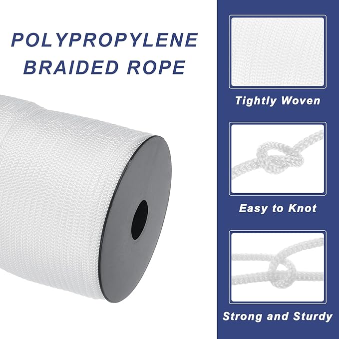 MECCANIXITY 5/32 Inch Polypropylene Rope Braided Ropes, 328ft Camping Rope Hollow Utility Cord for