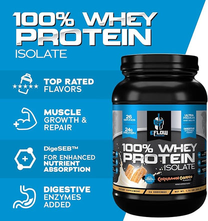 eFlow Nutrition 100% Whey Protein Isolate - Lactose-Free Digestive Enzymes Added, Low Carb, Post