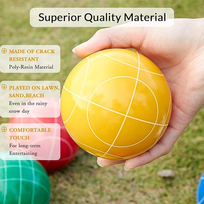 ApudArmis Bocce Balls Set, Outdoor Family Bocce Game for Backyard/Lawn/Beach - Set of 8 Poly-Resin