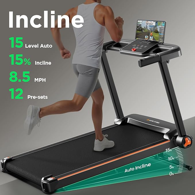 Treadmill with 0-15% Auto Incline, 3.5HP Quiet Brushless Foldable Treadmills for Home, Small Space