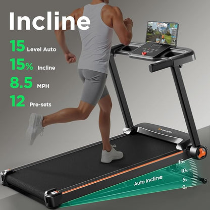 Treadmill with 0-15% Auto Incline, 3.5HP Quiet Brushless Foldable Treadmills for Home, Small Space