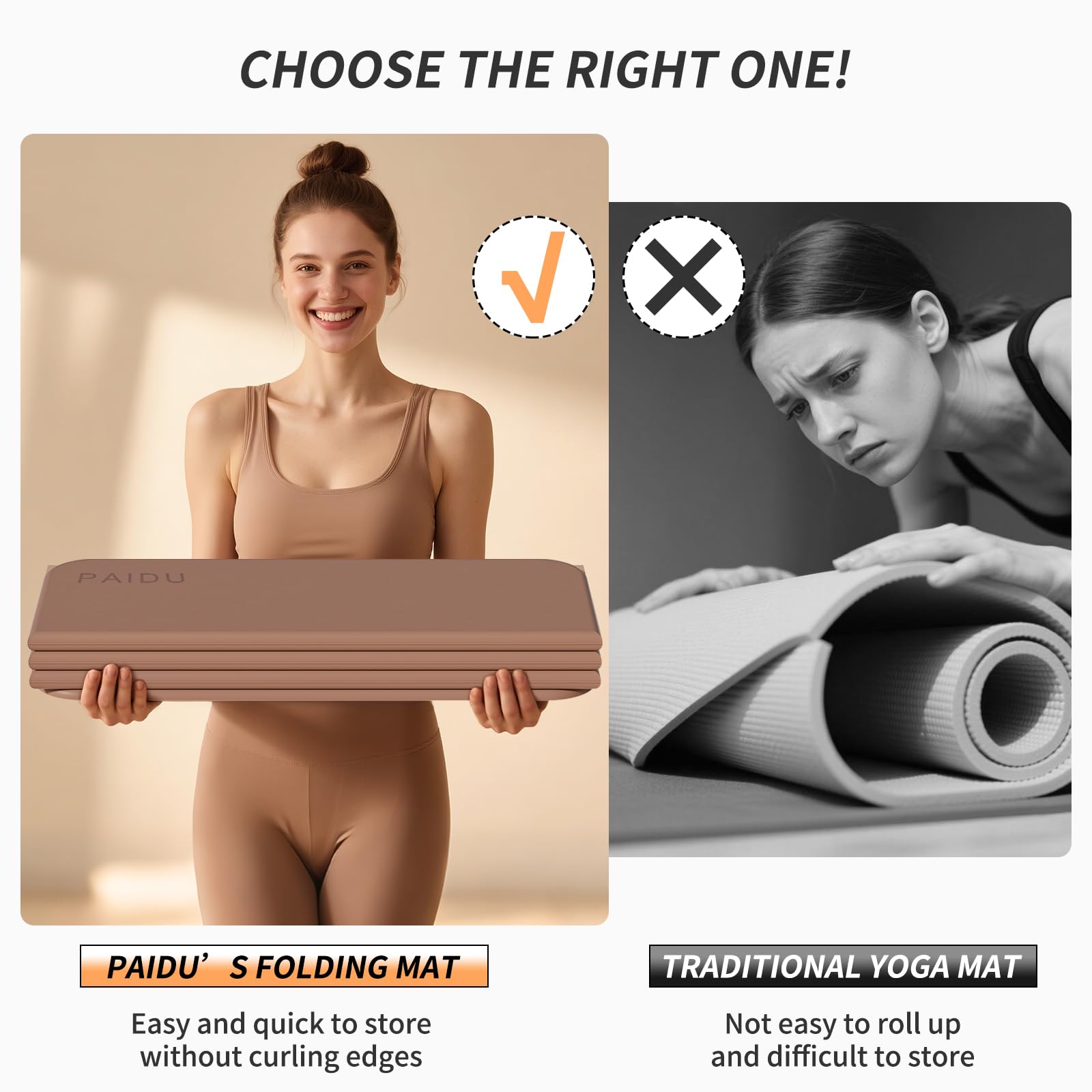 PAIDU Foldable Yoga Mat 10MM Thick SGS Certified TPE 75x26" Portable