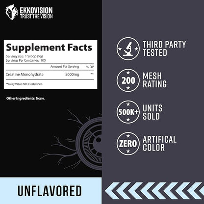 Ekkovision Creatine Monohydrate Powder, Micronized, Unflavored, Pre Workout & Post Workout