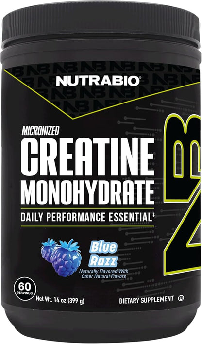NutraBio Pure Micronized Creatine Monohydrate Powder Supplement, Blue Razz Burst(300 g) - Supports
