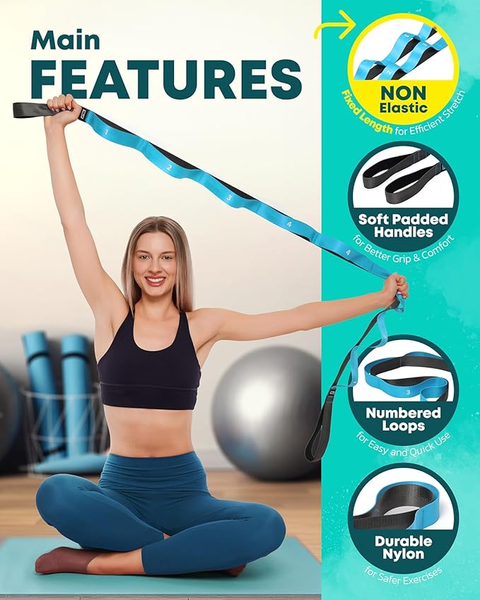 Stretching Strap with Loops - Non Elastic Stretch Band for Physical Therapy, Yoga Strap for