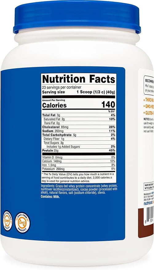 Nutricost Grass-Fed Whey Protein Concentrate (Chocolate) 2LBS - Undenatured, Non-GMO, Gluten Free