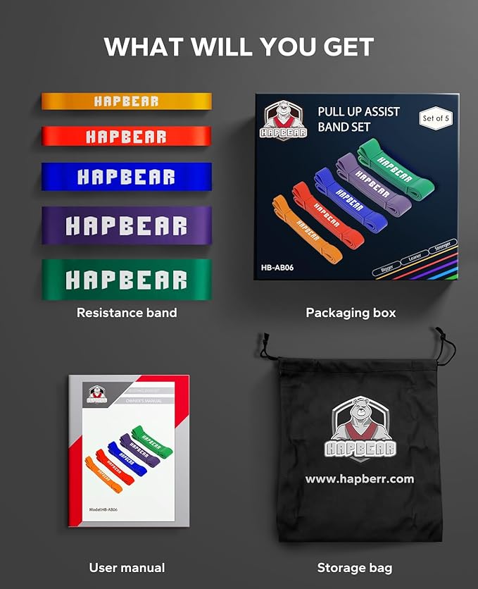 HAPBEAR Pull Up Assistance Bands Set of 5 - Resistance Bands for Working Out, Stretching, Physical