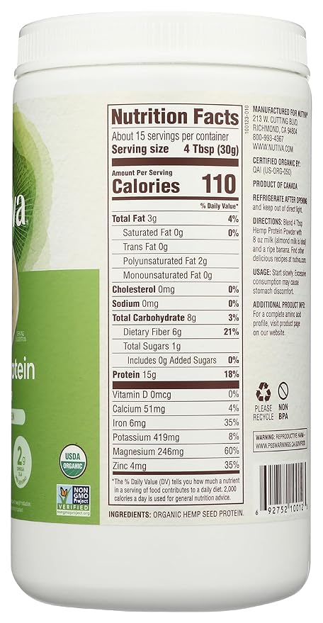 Nutiva Organic Cold-Pressed Raw Hemp Seed Protein Powder, Peak Protein, 16 Oz, USDA Organic