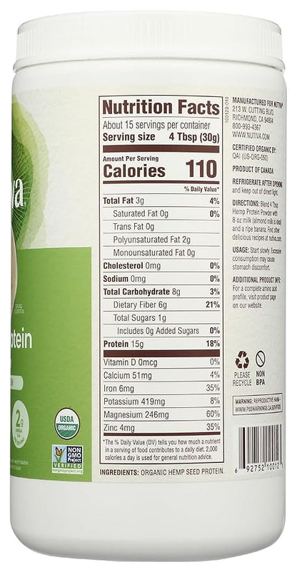 Nutiva Organic Cold-Pressed Raw Hemp Seed Protein Powder, Peak Protein, 16 Oz, USDA Organic