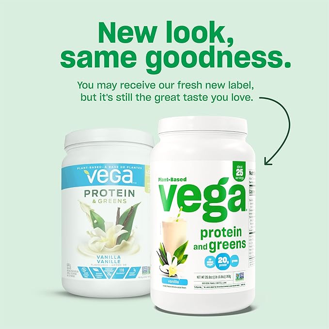 Vega Protein and Greens Protein Powder, Vanilla - 20g Plant Based Protein Plus Veggies, Vegan, Non