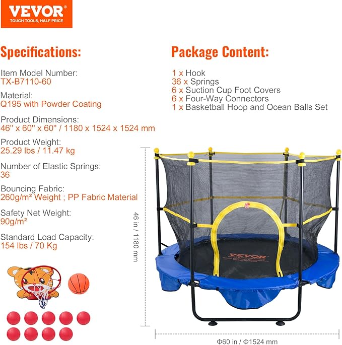 VEVOR 5FT Trampoline 50"/55"/56 * 35" for Indoor/Outdoor use for Toddlers, Foldable Mini Baby with