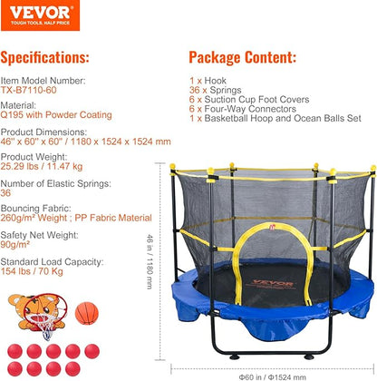 VEVOR 5FT Trampoline 50"/55"/56 * 35" for Indoor/Outdoor use for Toddlers, Foldable Mini Baby with