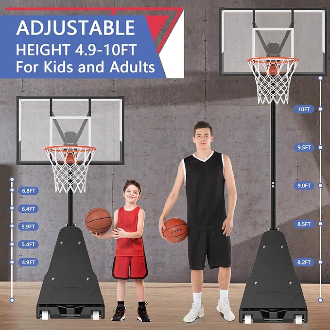 Portable Basketball Hoop Outdoor, Adjustable Height 5.5-10FT Basketball Goal with Heavy-Duty Steel