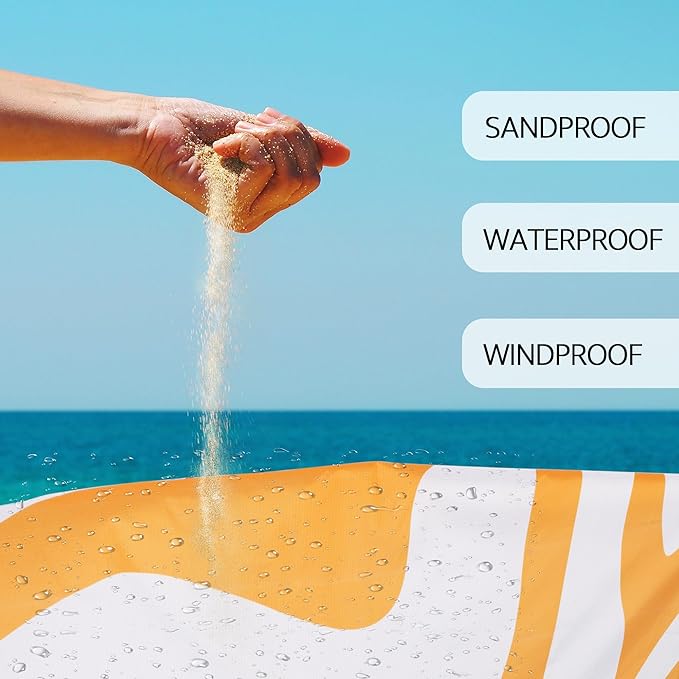 Yellow Beach Blanket, Sand Free Waterproof Outdoor Beach Mat with 4 Stakes & Pockets, 78''×86''