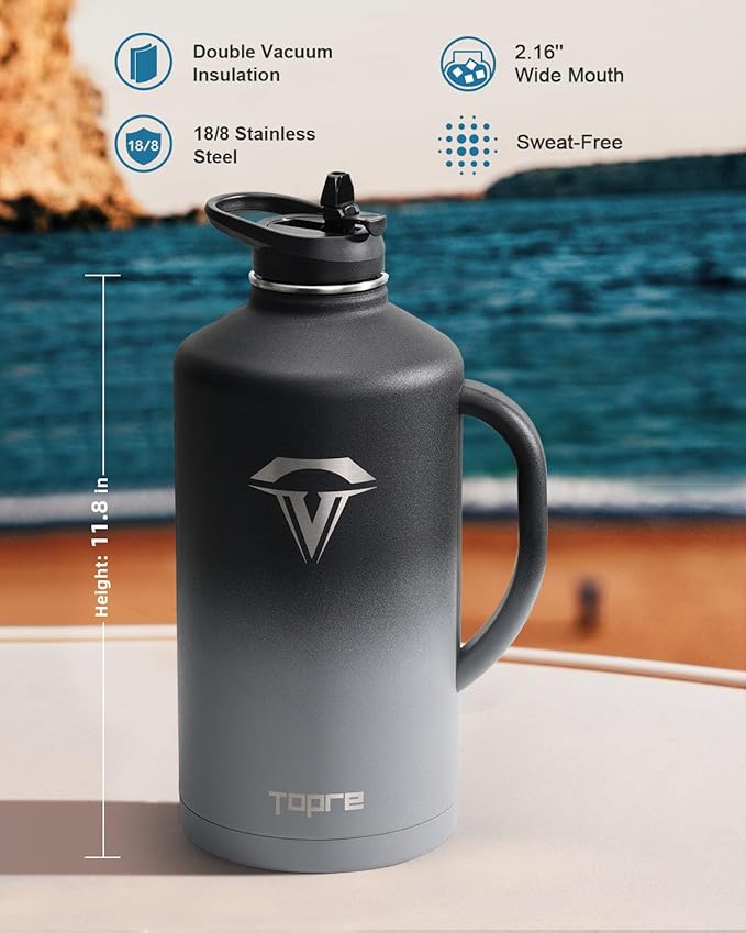128 oz Insulated Water Bottle with Straw and Lid, One Gallon Stainless Steel Cup with
