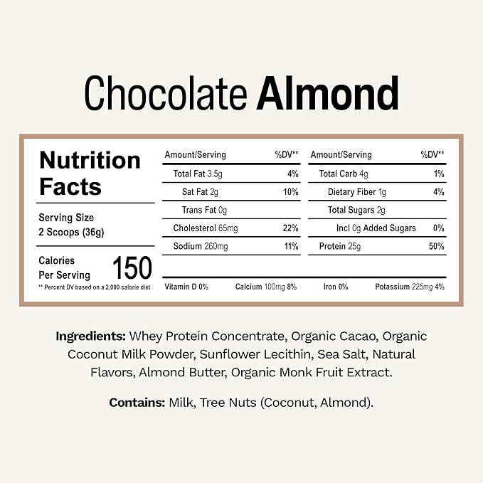 Rise Grass-Fed Whey Protein Powder - Chocolate Almond | 25g Protein No Artificial Flavors, Colors