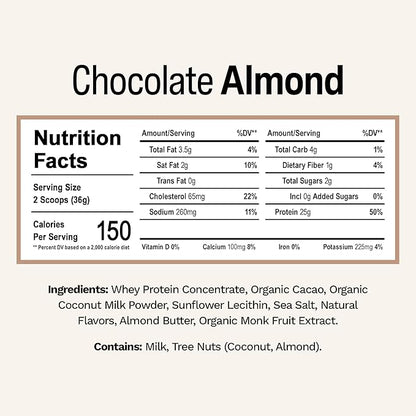 Rise Grass-Fed Whey Protein Powder - Chocolate Almond | 25g Protein No Artificial Flavors, Colors