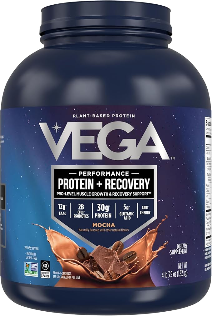 Vega Sport Vegan Protein Powder + Recovery - 30g Plant Based Protein per Serving, Mocha, 45