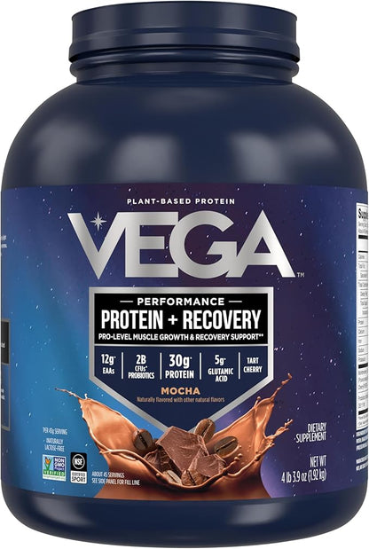 Vega Sport Vegan Protein Powder + Recovery - 30g Plant Based Protein per Serving, Mocha, 45