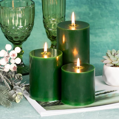 KONNI Navy Green Pillar Candles Set of 3, 3"x 4" Unscented Pillar Candles Bulk, 39 Hours Long