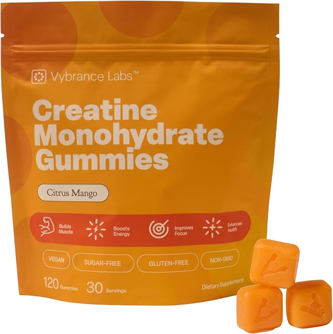 Creatine Gummies 5g Monohydrate + Taurine & B12 - Sugar-Free, Vegan, Gluten-Free - Citrus Mango