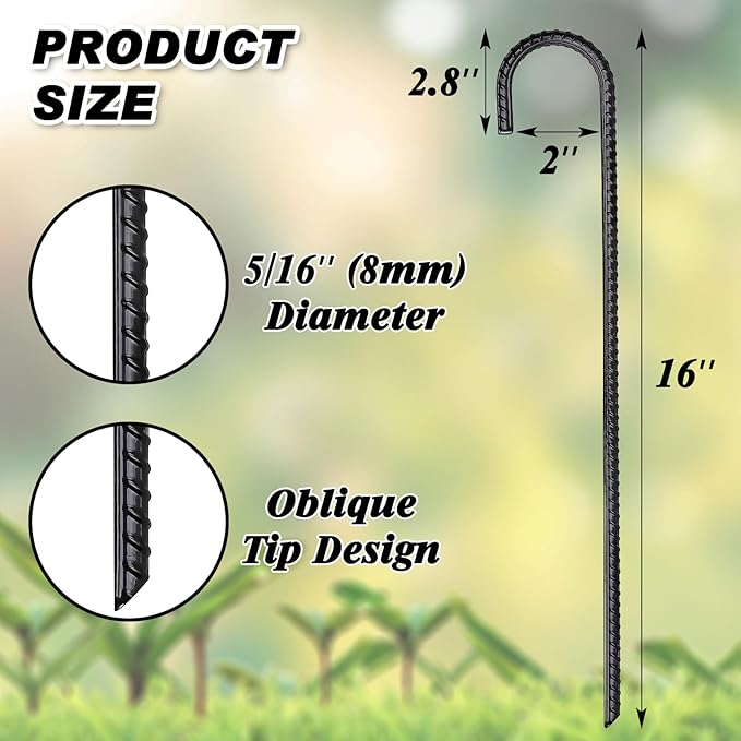 FEED GARDEN 16 Inch 16 Pack Rebar Stakes Heavy Duty J Hook, Galvanized Steel Ground Stakes Tent