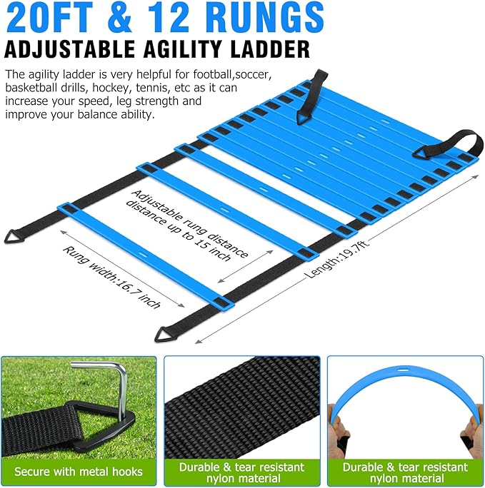 Speed and Agility Training Equipment: 5 Adjustable Agility Hurdles. 20ft Agility Ladder, Soccer