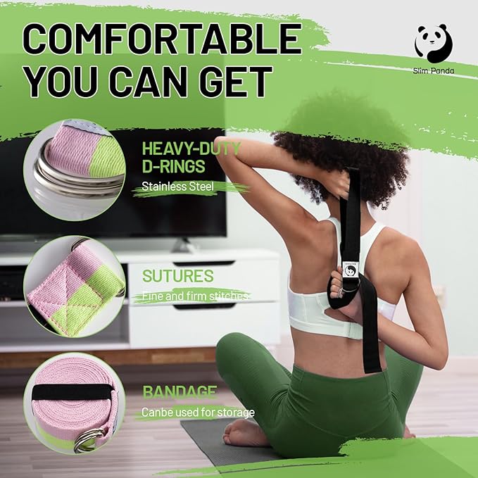 Slim Panda Yoga Strap for Stretching,Cotton Yoga Strap with Adjustable D-Ring Buckle,Non-Elastic
