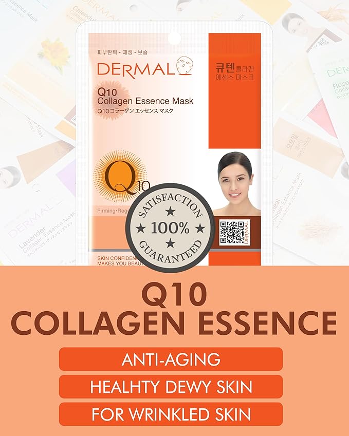 DERMAL Q10 Collagen Essence Facial Mask Sheet 23g Pack of 10 - Coenzyme Q10, Anti Wrinkle and Anti