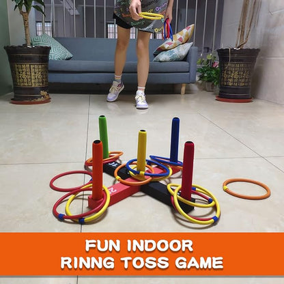 Ring Toss Game for Kids, Indoor & Outdoor Game for Family and Adults with 5 Poles, 2 Bases and 16