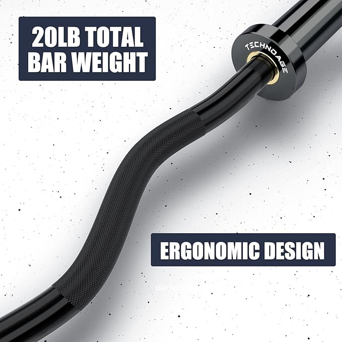 TECHNOAGE Olympic EZ Curl Bar, 47" Curl Bar(350/500LBS Capacity) 20LB, Solid Steel, Chrome Finish