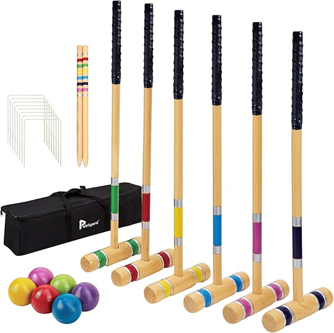 Pointyard 28" Croquet Set for 6 Players - Premium Wooden Mallets, Colored Balls & Carry Bag - Fun