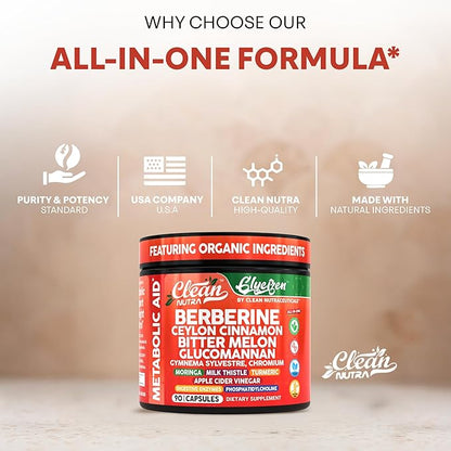 Clean Nutra Berberine and Ceylon Cinnamon Supplement Bitter Melon Glucomannan Gymnema Sylvestre
