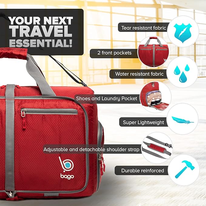 Bago Foldable Duffel Bags for Traveling Women & Men - 40L Sports Packable Duffle Bag for Travel