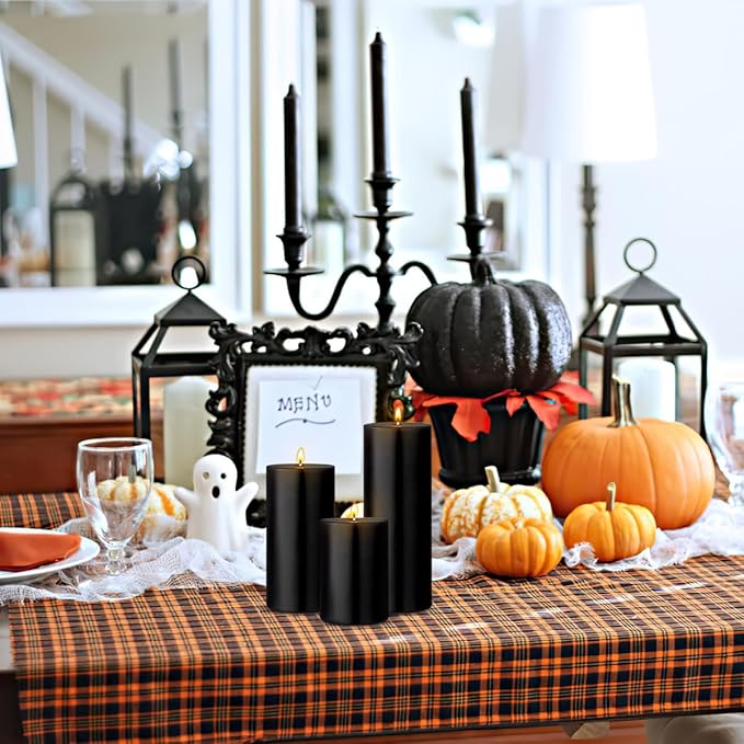 3 Packs Unscented Different Size Black Pillar Candles, Dripless Non-Toxic Smokeless 3x4, 3x6, 3x8