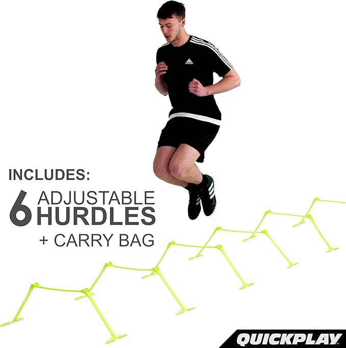 QUICKPLAY PRO Quick-Click Adjustable Speed Hurdles, Set of 6 | 3 Heights in One (6", 9", 12") |