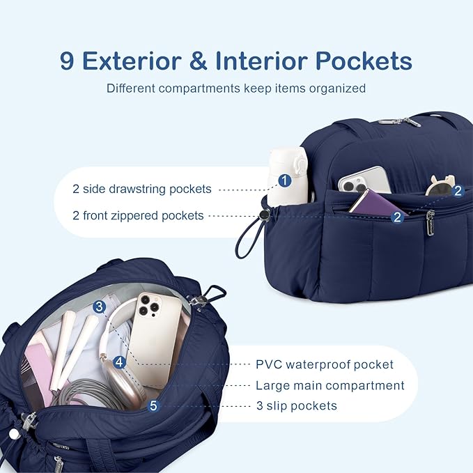 TOPDesign Travel Duffel Bag for Women, Puffer Gym Bag Sports Tote with Wet Pocket, Carry On