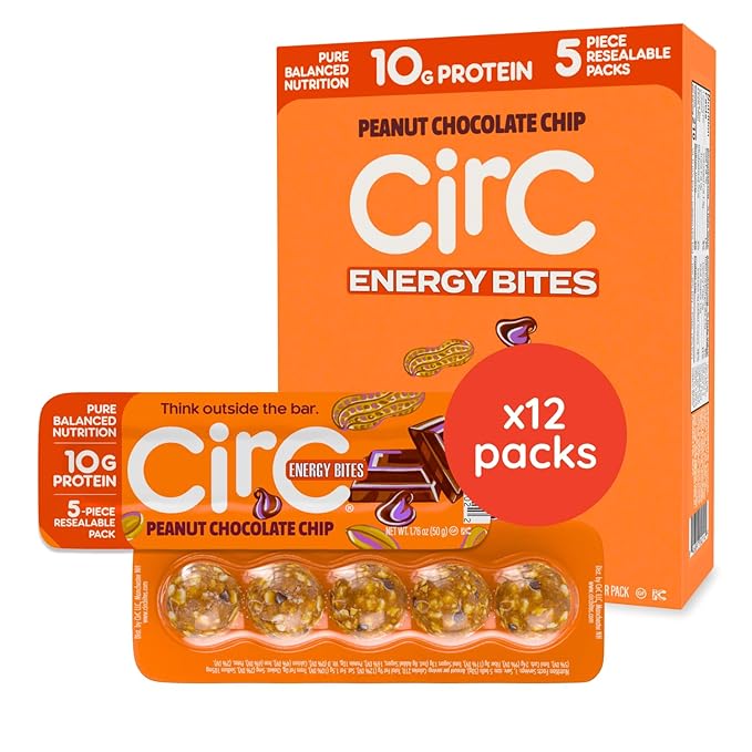 CirC Energy Bites - 12 Pack Peanut Chocolate Chip Gluten Free Protein Balls - 10g Protein, Whole